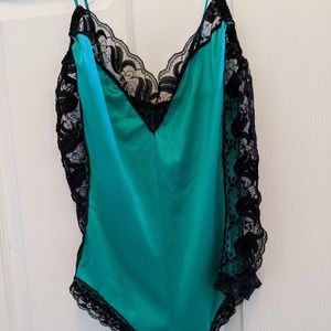 Vintage Bari Green & Black Lace Teddy Size S